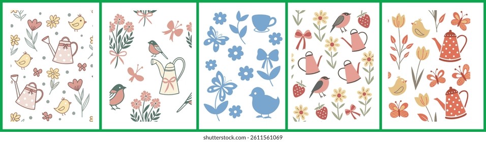 Cute Garden Pattern Set with Birds, Watering Cans, Flowers, and Spring Elements in Pastel Colors