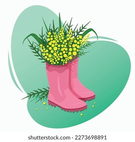 
Cute garden rain boots with a bouquet of mimosa flowers