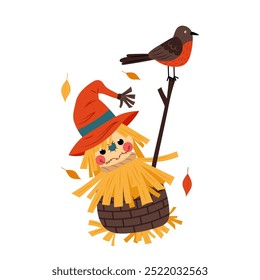 Cute garden scarecrow. Scarecrow made of straw half in a wicker basket. Bird sitting on a wooden stick. Garden, country, farm or cottage decor. Kids illustration of a scarecrow.