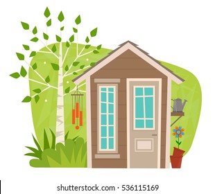 Cute Garden Shed - clip-art of a small garden shed with tree, wind chime, watering can and flower. Eps10 svg