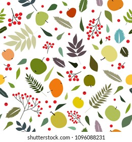 Cute garden summer seamless pattern with apples leaves and rowan berries. Forest inspiration flat simple stylish vector background for wedding, invitations, textile, wrapping paper.
