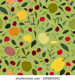 Cute garden summer seamless pattern with apples leaves and cherry berries. Nature inspiration flat simple stylish vector background for wedding, invitations, textile, wrapping paper.