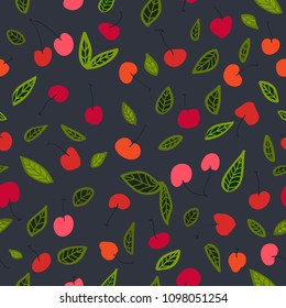 Cute garden summer seamless pattern with cherry berries. Flat simple stylish vector background for wedding, invitations, textile, wrapping paper.