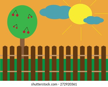 Cute garden with sun, clouds and cherry tree flat design 