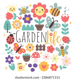 Cute garden themed illustration with flowers, bees, butterflies, ladybugs, and plants. Bright, colorful, and playful design with the text Garden Life in a hand drawn style.