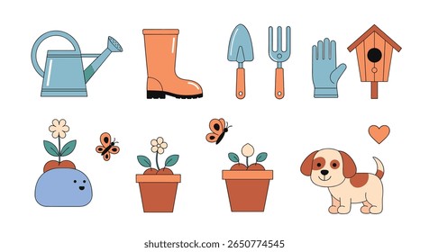 Cute garden tools plants animals and birdhouse illustration with flowers and butterflies