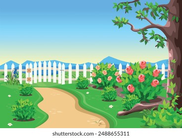 Cute garden with tree, white fence, garden path, rose bushes and ornamental plants. Flower garden in the front yard. Vector illustration.