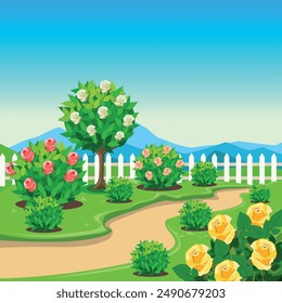 Cute garden with tree, white fence, garden path, rose bushes and ornamental plants. Flower garden in the front yard. Vector illustration.