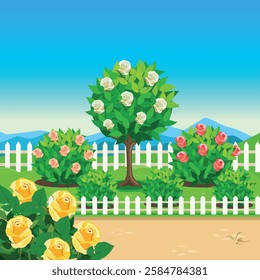 Cute garden with tree, white fence, garden path, rose bushes and ornamental plants. Flower garden in the front yard. Vector illustration.