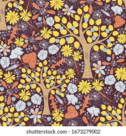 El vectorial de jardín se repite sin problemas. Árboles de manzanas e ilustración floral. Imagen para imprimir en papel, papel pintado, cubiertas, tejidos.