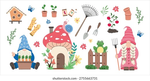 Cute garden vector set with gnome characters mushroom house plants tools animals and decorative elements for spring gardening and children design