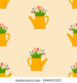 Cute garden watering cans with tulips seamless spring background.Mother's day,birthday.Template for textile, wallpaper, packaging, cover