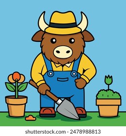 A CUTE GARDENER BISON PLANTING 