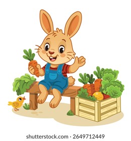 Cute Gardener Bunny with Vegetable Crate – Vector Illustration for Kids