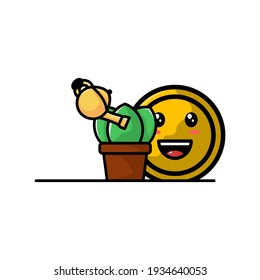 Cute Gardener Coin Cartoon Character Vector Illustration Design. Outline, Cute, Funny Style. Recomended For Children Book, Cover Book, And Other.
