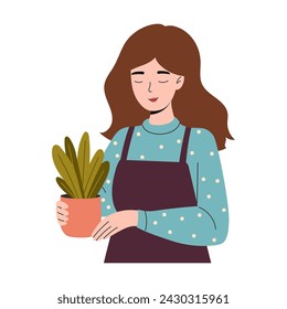 Cute gardener girl holds flower pot in her hands. Urban gardening. Vector illustration.