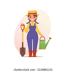 Cute Gardener girl in overalls and straw hat with shovel and watering can. Garden tools, agricultural work. Cartoon character. Gardening, housekeeping. Poster, banner, card. Vector illustration