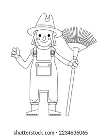 Cute gardener in hat with rake. Character for postcards, books, posters. Black and white outline. Vector illustration. isolated icon for design. 