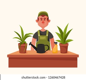 Cute Gardener. A Lot of Plants on the Table. Cartoon Style. Vector Illustration