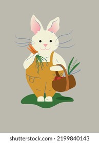 cute gardener rabbit with carrot and vegetable basket