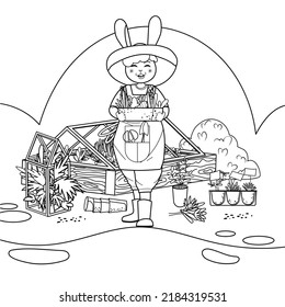 Cute gardener rabbit outline vector. Bunny character black line art illustration. The year of the rabbit, symbol of 2023