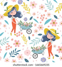 Cute gardener seamless pattern, vector illustration, simple girl graphics, spring flowers, kids fashion artworks, greeting, birthday and invitation cards, children prints.