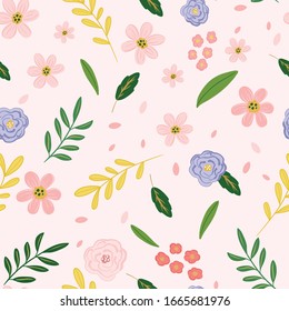 Cute gardener and spring flowers seamless pattern, vector illustration, simple girl graphics, kids fashion artworks, greeting, birthday and invitation cards, children prints.