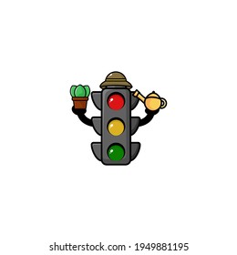 Cute Gardener Traffic Light Cartoon Character Vector Illustration Design. Outline, Cute, Funny Style. Recomended For Children Book, Cover Book, And Other.