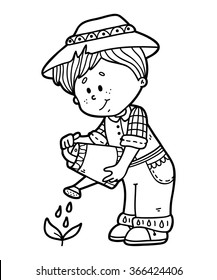 cute gardener. Vector illustration coloring page of happy cartoon gardener for children and scrap book
