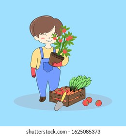Cute gardeners holding tomatoes tree , Hand drawn cartoon doodle style, Farm and garden concept.
