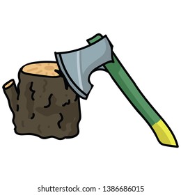 Cute gardening axe cartoon vector illustration motif set. Hand drawn lumberjack tool blog icons. Woodwork equipment graphics. Agriculture web buttons.