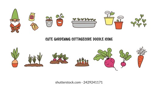 Cute gardening doodle icons hand drawn vector illustration. Growing vegetables cartoon graphics. Spring veggies seedlings garden bed - roots, carrots, beet, onion. Line icon set cottagecore clipart.