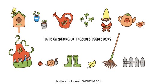 Cute gardening doodle icons hand drawn vector illustration. Spring mood cottagecore garden clipart - cute bird, birdhouse, watering can, fence. Gardeners apron with tools. Cartoon ladybug and snail.