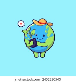 Cute gardening earth globe cartoon with tiny plants. World mascot icon concept. Flat style cartoon logo mascot illustration.