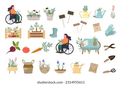 Cute gardening equipment - shovel, pitchfork, garden shears, plants, watering cans, grass, gardening gloves, rattan sofa, vegetables and seeds. A woman in a wheelchair is gardening. Gardening flat vec