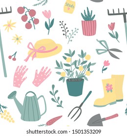 Cute gardening items and tools  vector seamless pattern.Perfect for printing fabric or paper