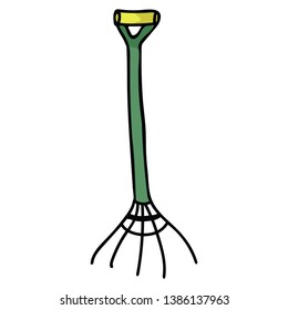 Cute gardening rake cartoon vector illustration motif set. Hand drawn tool blog icons. Botanical equipment graphics. Agriculture web buttons.
