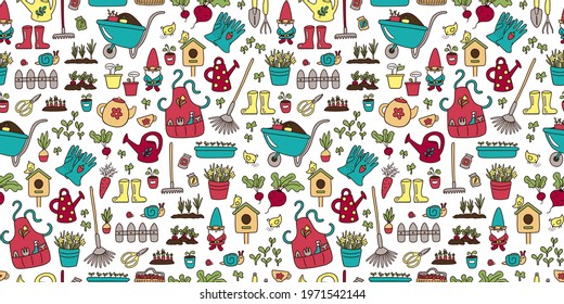 Cute gardening seamless pattern. Garden tools repeat design. Colorful seamless design with garden items. Spring summer outside leisure. Country life. Cottage lifestyle wallpaper.