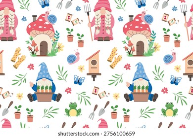 Cute gardening seamless pattern with gnomes mushroom house and plants
