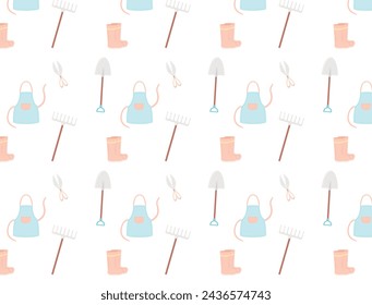 Cute gardening seamless pattern print with doodle shovel, rake and apron. Vector seamless pattern in flat style on white background. Repeat design for fabric, textile, decor, web, print, wallpaper