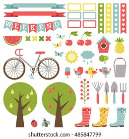 Cute gardening set. Stickers. Gumboots, bicycle and fruit trees. Vector
