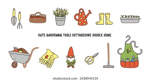 Cute gardening tools doodle icons. Hand drawn garden equipment items countryside sustainable living vector illustration. Line art icon set spring summer clipart. Rural spring garden work and hobby.