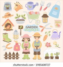 Cute gardening tools, flowers, plants, boy and girl gardener color doodles set with soft background and text