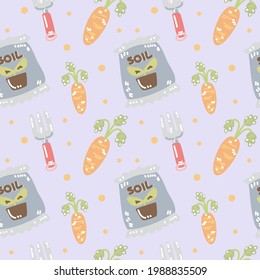 Cute gardening tools, fork, carrot, plants, soil or fertilizer bag seamless pattern on orange background