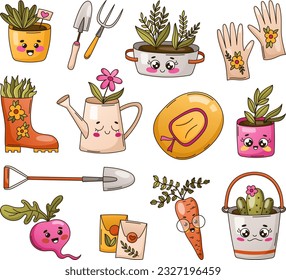 Conjunto de ilustraciones vectoriales de jardinería. Clíparte de plantas de jardín de Kawaii