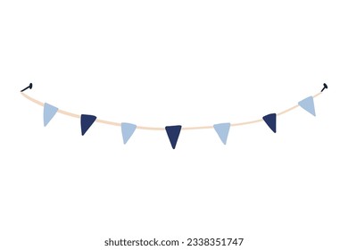 Cute garland with blue flags, cartoon flat vector illustration isolated on white background. Hand drawn decoration for holidays, birthday and baby shower.