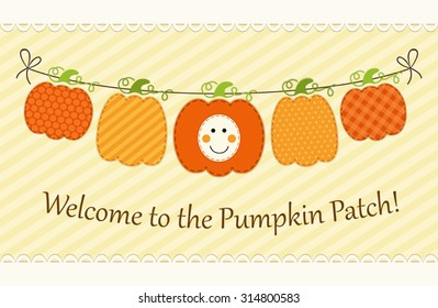 Cute garland with different pumpkins as retro card for Pumpkin Patch or Happy Thanksgiving