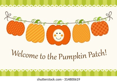 Cute garland with different pumpkins as retro card for Pumpkin Patch or Happy Thanksgiving