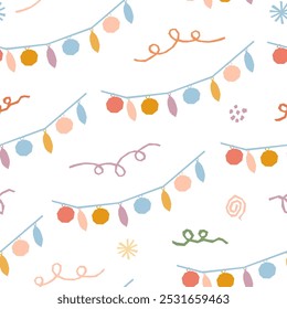 Cute garlands vector seamless pattern. Festive minimal repeated design with ribbons and garlands with balls isolated on white background for Christmas, New year celebration, Birthday party decoration