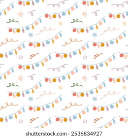 Cute garlands vector seamless pattern. Festive minimal repeated design with ribbons and garlands with balls isolated on white background for Christmas, New year celebration, Birthday party decoration